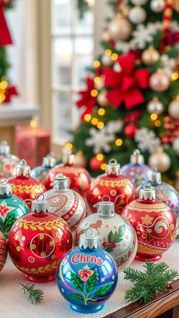 31+ Creative DIY Christmas Decorations You Can Make at Home 19 Colorful hand-painted Christmas ornaments displayed on a table with a festive background.
