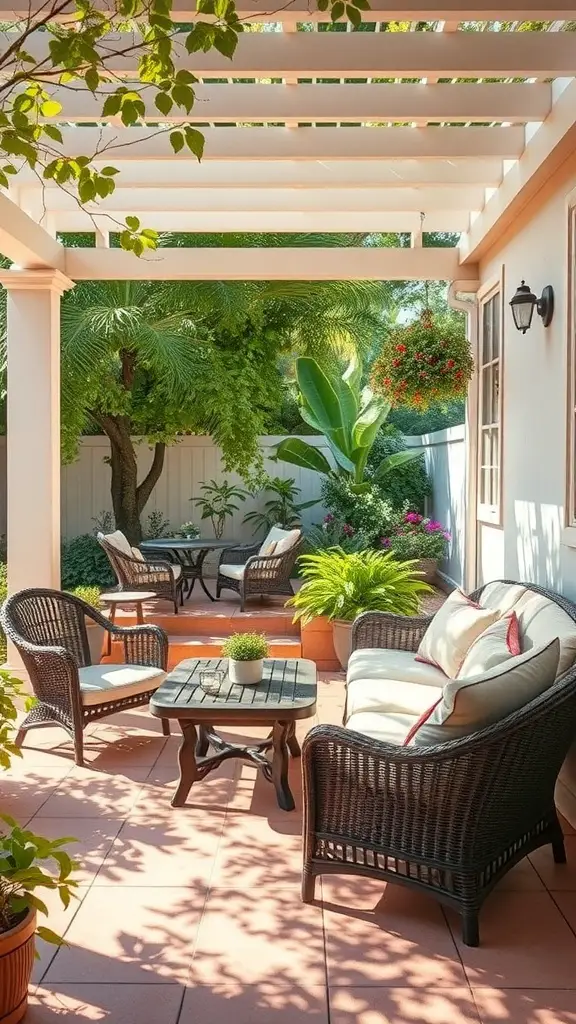 21+ Stunning Full Shade Landscaping Ideas for Your Garden 10 Cozy outdoor furniture arrangement in a shaded patio area with plants.