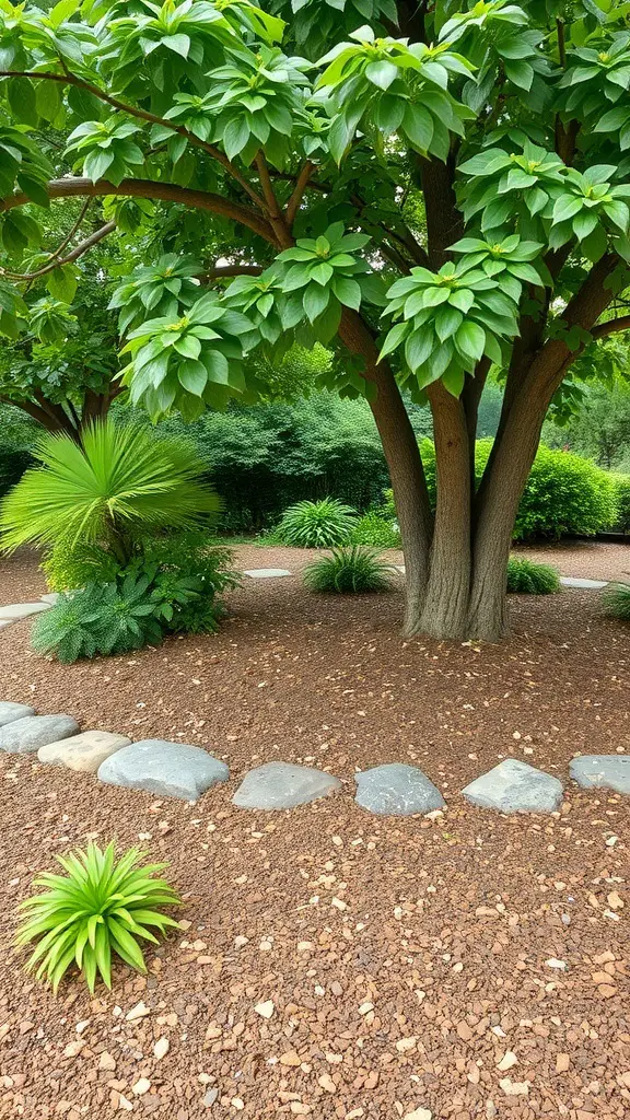 Decorative mulching under a tree with stones and plants