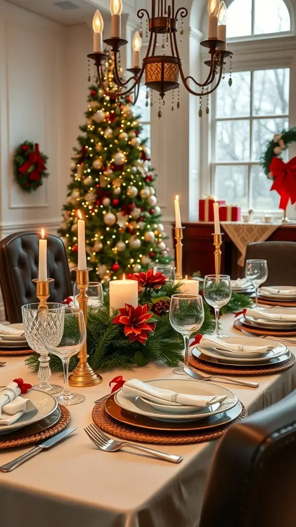 27+ Stylish Ralph Lauren Christmas Decor Pieces You Need This Holiday Season 6 A beautifully set dining table for Christmas with elegant decor, featuring a centerpiece of flowers and candles, surrounded by a decorated Christmas tree.