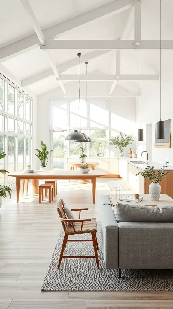 27+ Stunning Open Plan Kitchen Living Room Ideas to Transform Your Space 7 A bright open plan kitchen living room with large windows, wooden accents, and plants.