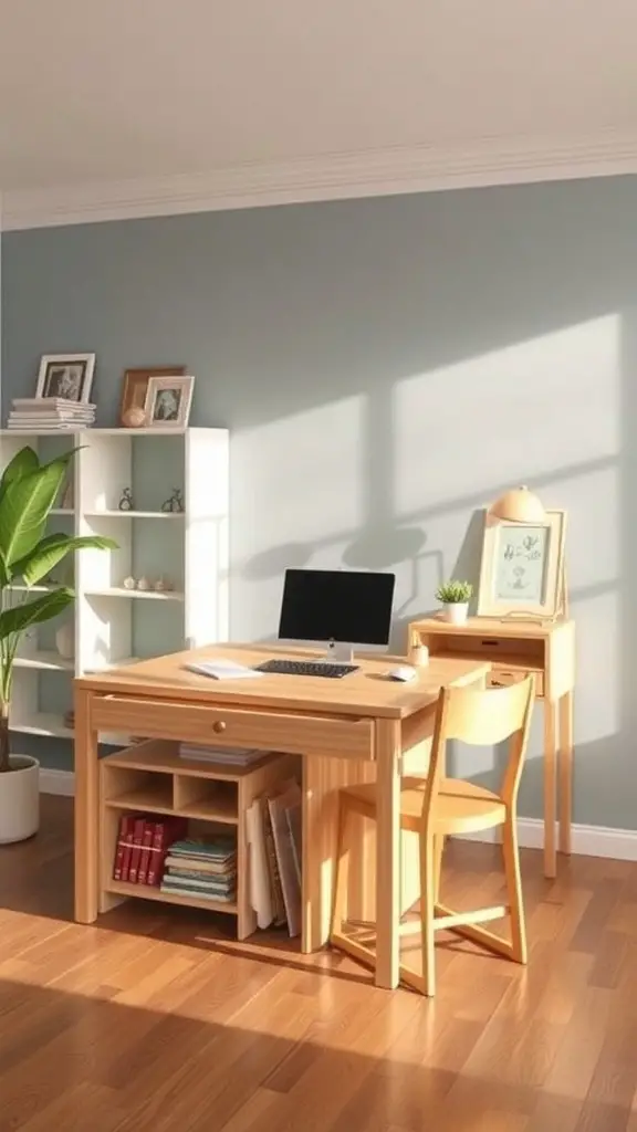 25+ Craft Tables with Storage for Organized Creativity 10 A convertible craft table with hidden storage, featuring a light wood finish, a laptop, and a cozy workspace.