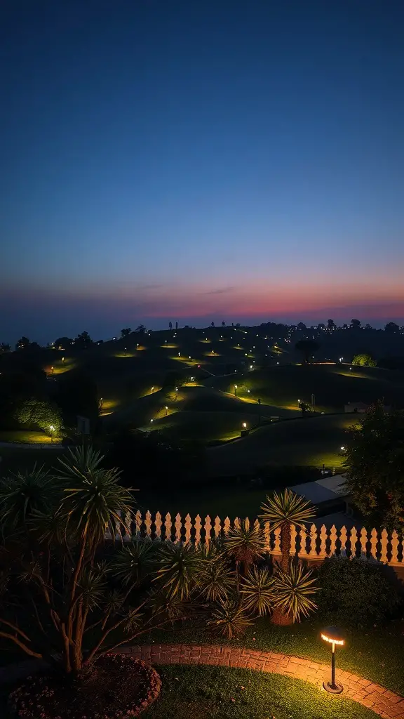 25+ Inspiring Hill Garden Ideas You Need to Try 17 A beautifully lit hill garden at dusk with soft lights illuminating the landscape.