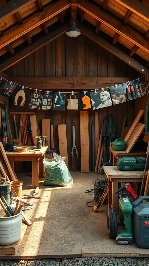 Interior of a garden workshop with tools and wooden materials