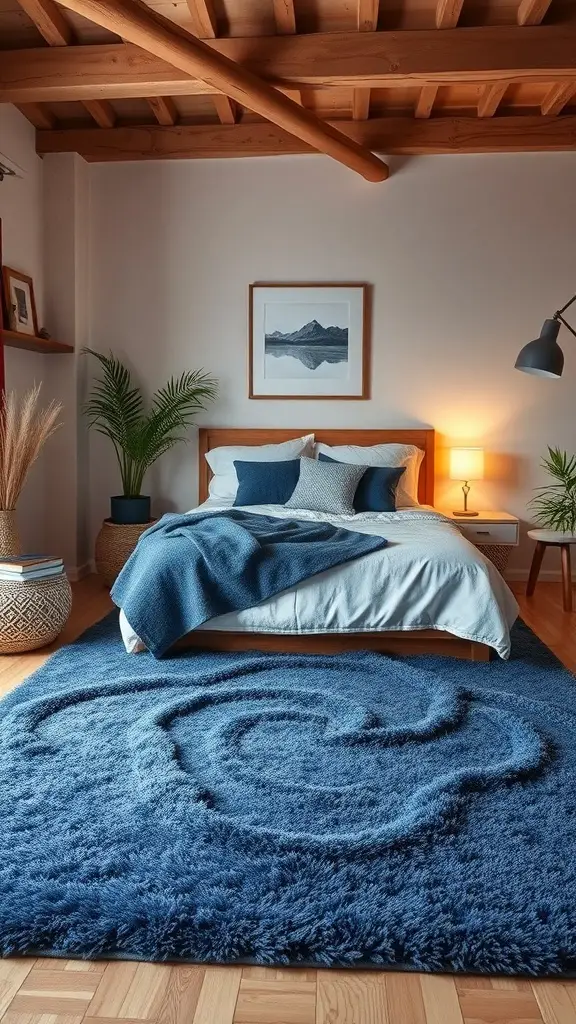 37+ Stunning Dark Blue Bedroom Ideas for a Cozy Retreat 15 A cozy bedroom featuring a dark blue area rug, a comfortable bed with blue and white bedding, and plants for a fresh touch.
