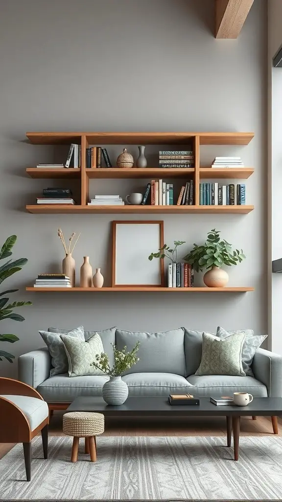 A stylish living room with open shelving displaying books and decorative items.