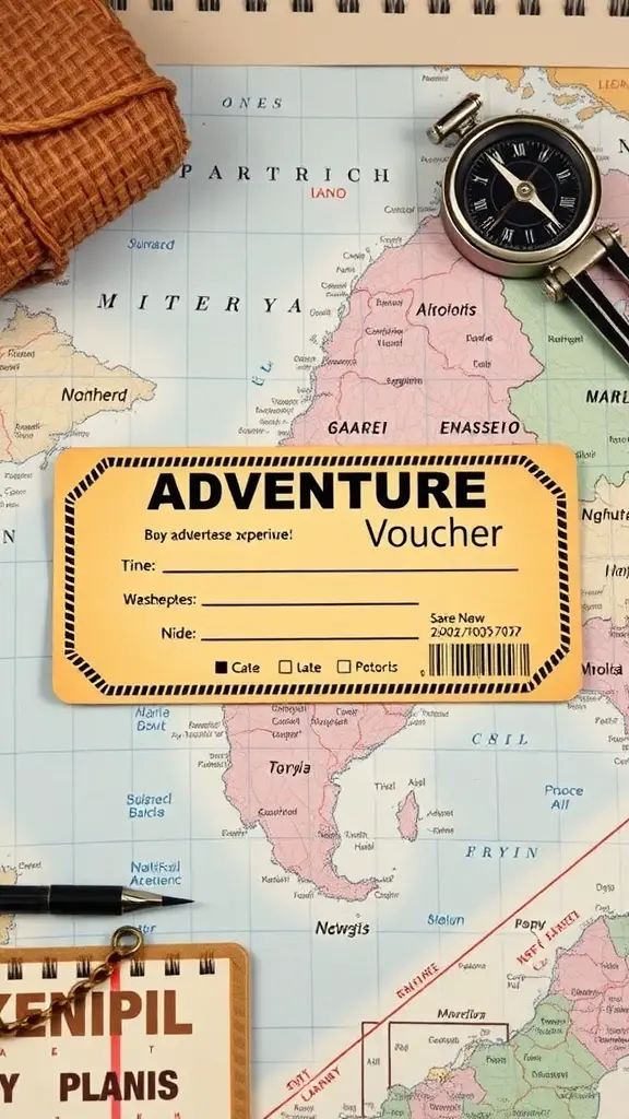 A close-up of an adventure experience voucher on a map with a watch and notebook.