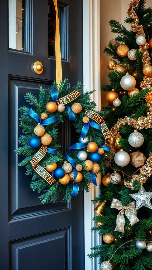 A blue and gold themed Christmas wreath hanging on a door, decorated with ornaments and ribbons.