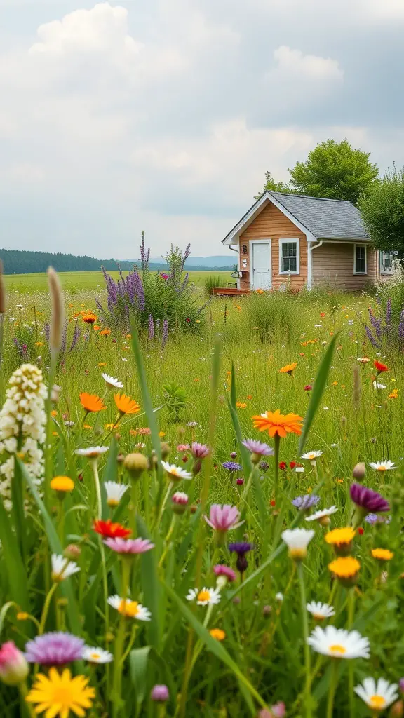 21+ Stunning Shed Landscaping Ideas to Transform Your Garden 13 A wildflower meadow leading to a charming shed, filled with colorful flowers and greenery.