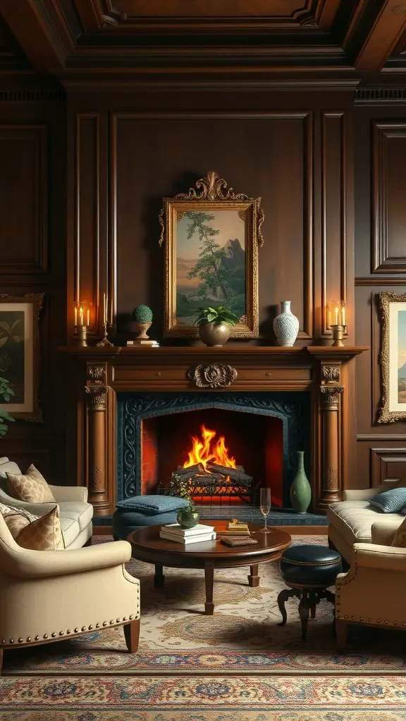 A luxurious living room featuring a grand fireplace with intricate woodwork, surrounded by elegant seating and decorative elements.