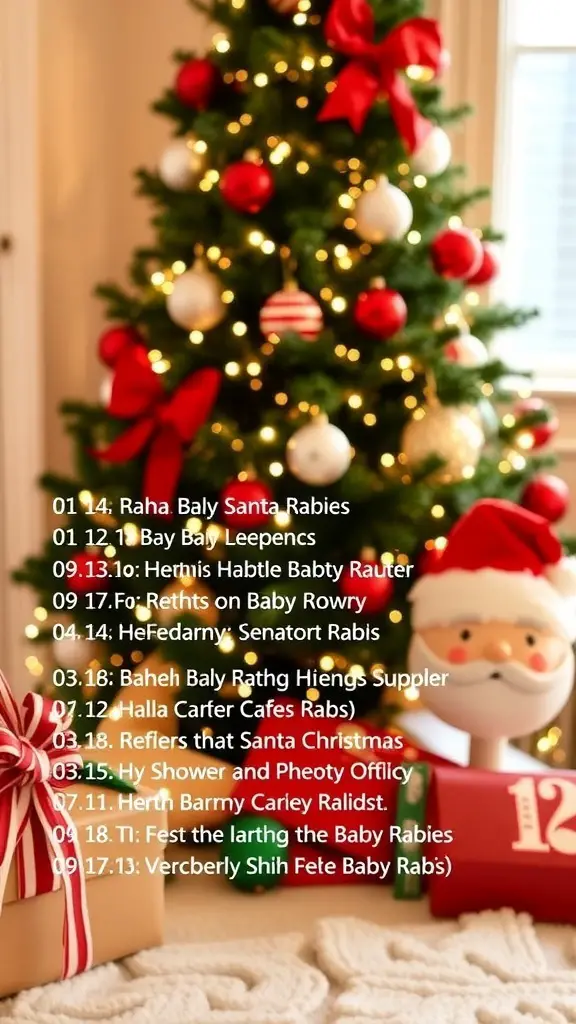 A festive scene with red and white ornaments hanging from pine branches, evoking a cheerful holiday atmosphere.