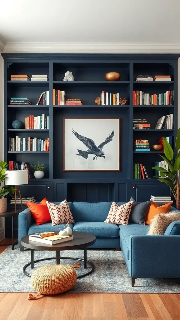 29+ Stunning Navy Blue Living Room Ideas to Transform Your Space 16 A navy blue shelving unit filled with books and decorative items in a cozy living room.
