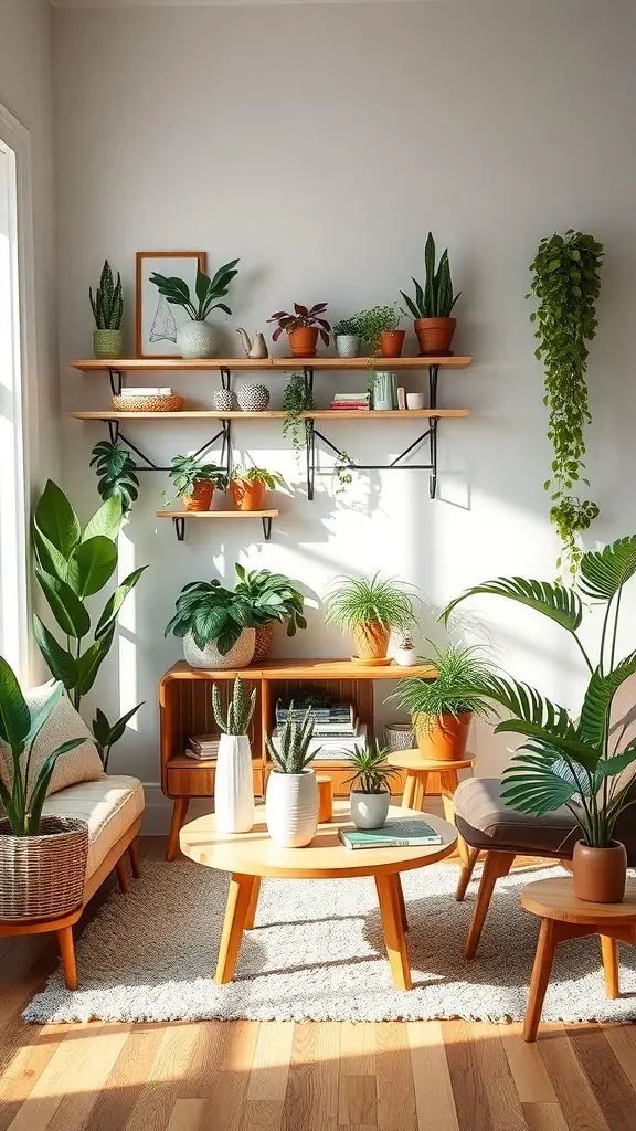 Cozy French country living room with various indoor plants
