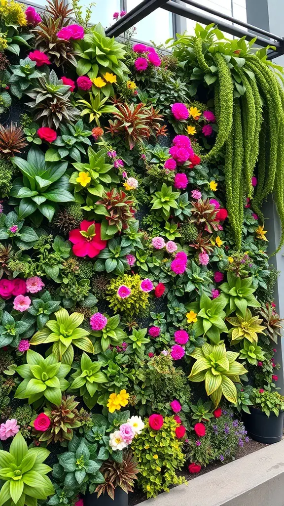 A colorful vertical garden wall filled with various plants and flowers.