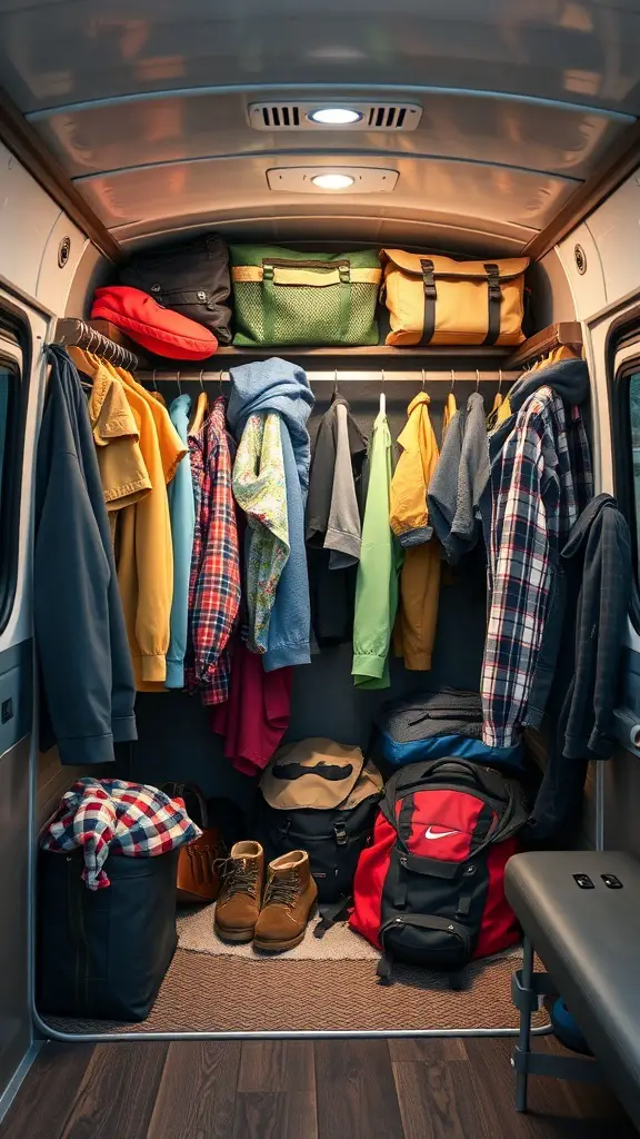 33+ Creative Camper Clothes Storage Ideas for Your Next Adventure 16 A compact wardrobe setup in a camper with clothes hanging, bags, and shoes organized.