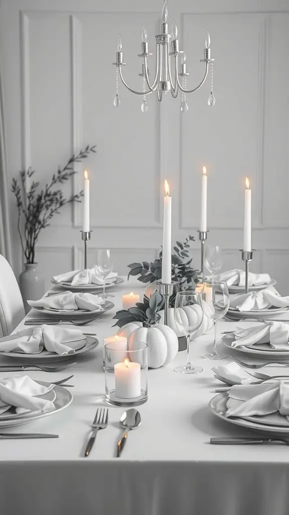 A monochrome Thanksgiving tablescape featuring white plates, candles, and pumpkins.