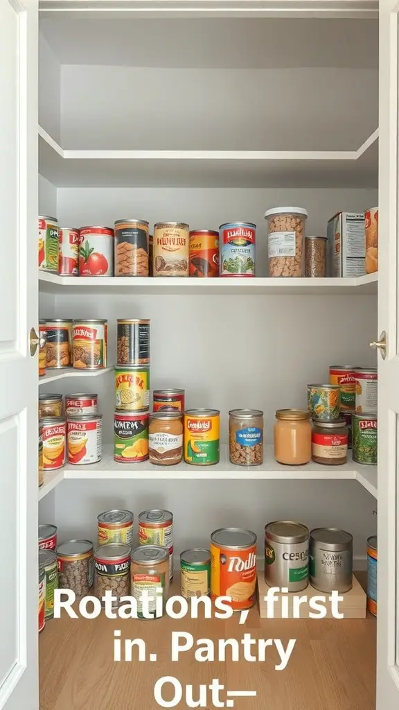 Organized pantry with various canned goods, demonstrating the first in, first out method for food rotation.