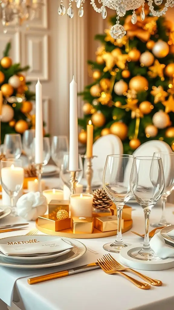 37+ Stunning Christmas Table Decorations You'll Love 11 A beautifully decorated Christmas table featuring gold and white elements, candles, and festive decorations.