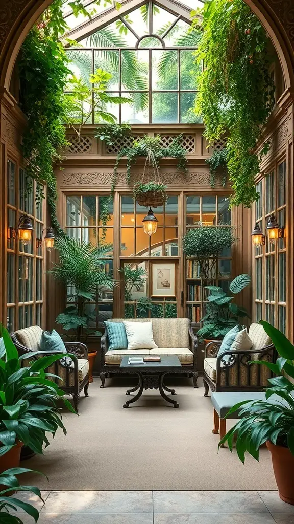 27+ Inspiring Atrium Garden Ideas to Transform Your Space 19 Cozy reading nook with plants and comfortable seating