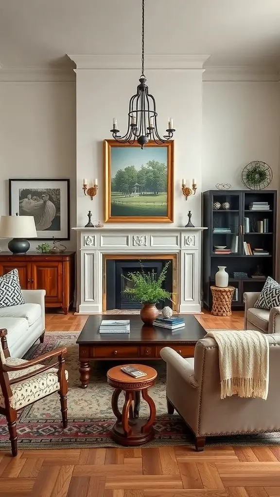25+ Stunning Ralph Lauren Living Room Ideas for a Classic Makeover 17 A cozy living room featuring vintage furniture and artwork, showcasing a Ralph Lauren style.