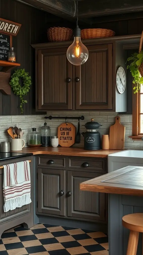 29+ Essential Items for a Cozy Dark Cottagecore Kitchen 3 A cozy kitchen featuring dark wood cabinets, open shelving with dishware, and a warm atmosphere.