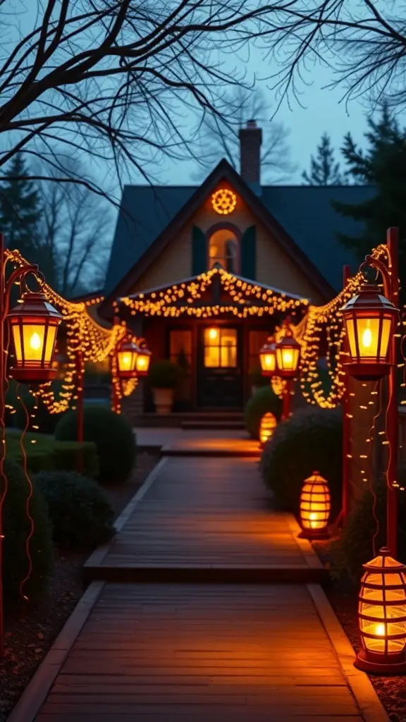 A beautifully lit pathway leading to a house, adorned with lanterns and string lights.