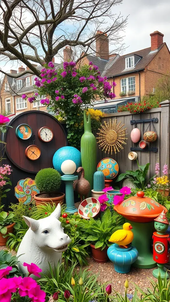29+ Inspiring London Garden Ideas for Your Urban Oasis 19 A colorful garden filled with various decorative items including a white cow statue, a yellow duck, and vibrant plants.