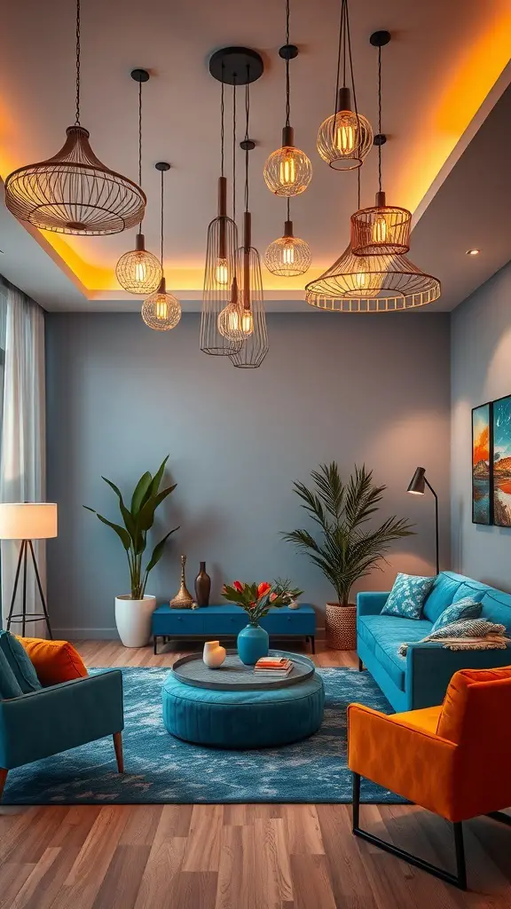 A modern living room featuring blue and orange decor with stylish pendant lighting.