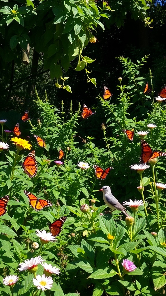 21+ Stunning Full Shade Landscaping Ideas for Your Garden 16 A garden scene with butterflies and flowers in a shaded area.