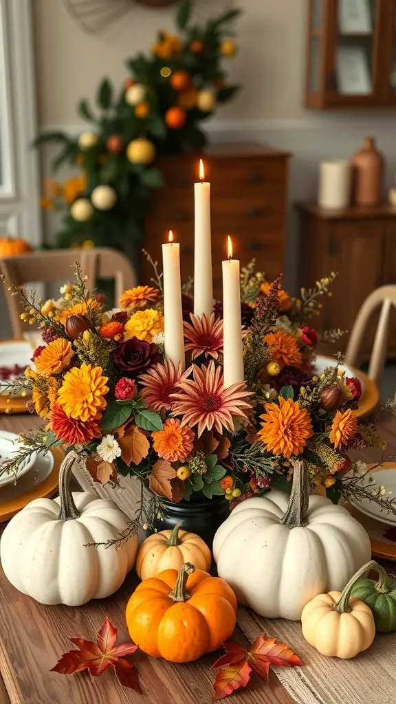 35+ Creative Fall Craft Ideas You’ll Love 4 A harvest-themed table centerpiece featuring flowers, candles, and pumpkins.