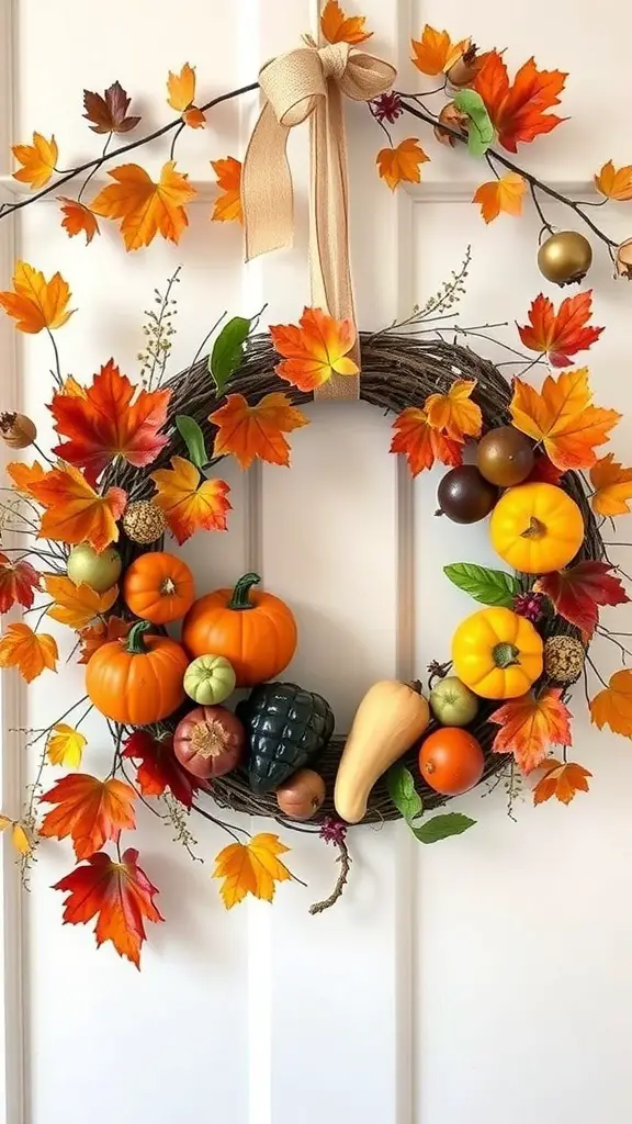 A colorful harvest wreath featuring pumpkins, gourds, and autumn leaves.