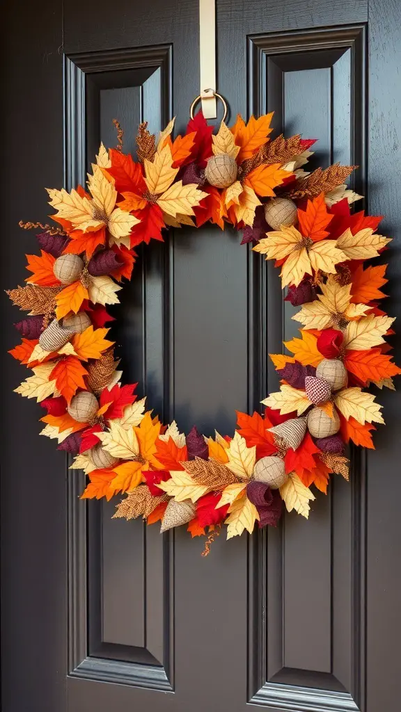 A colorful fall wreath made of fabric scraps and decorative elements, hanging on a door.