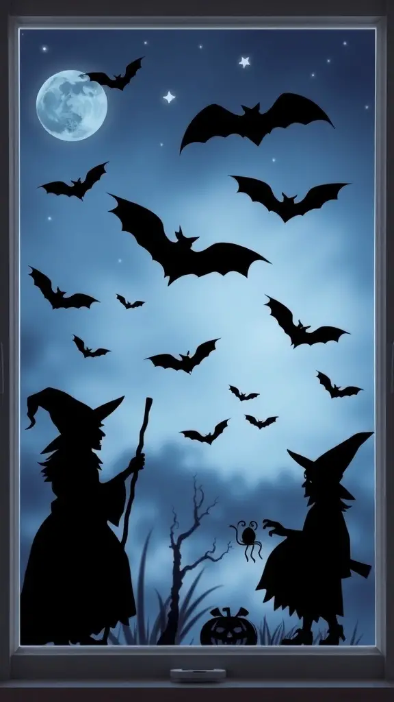 29+ Creative Halloween Craft Ideas to Spookify Your Home 20 Silhouette window clings featuring witches and bats against a moonlit sky