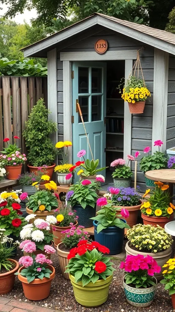 21+ Stunning Shed Landscaping Ideas to Transform Your Garden 16 A shed surrounded by colorful container gardens filled with various blooming flowers.