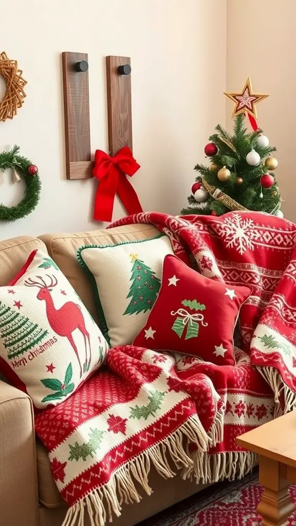 37+ Festive Christmas Room Decor Ideas to Transform Your Space 8 Cozy couch with festive throw pillows and a warm blanket for Christmas decor.