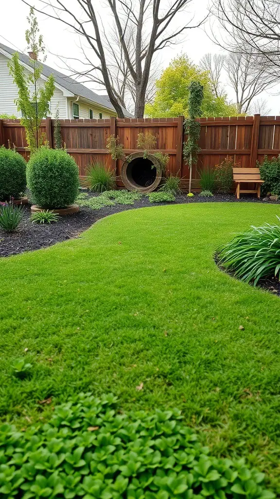 A sustainable backyard featuring a lush green lawn, dark mulch, and a unique circular feature surrounded by plants and a wooden fence.