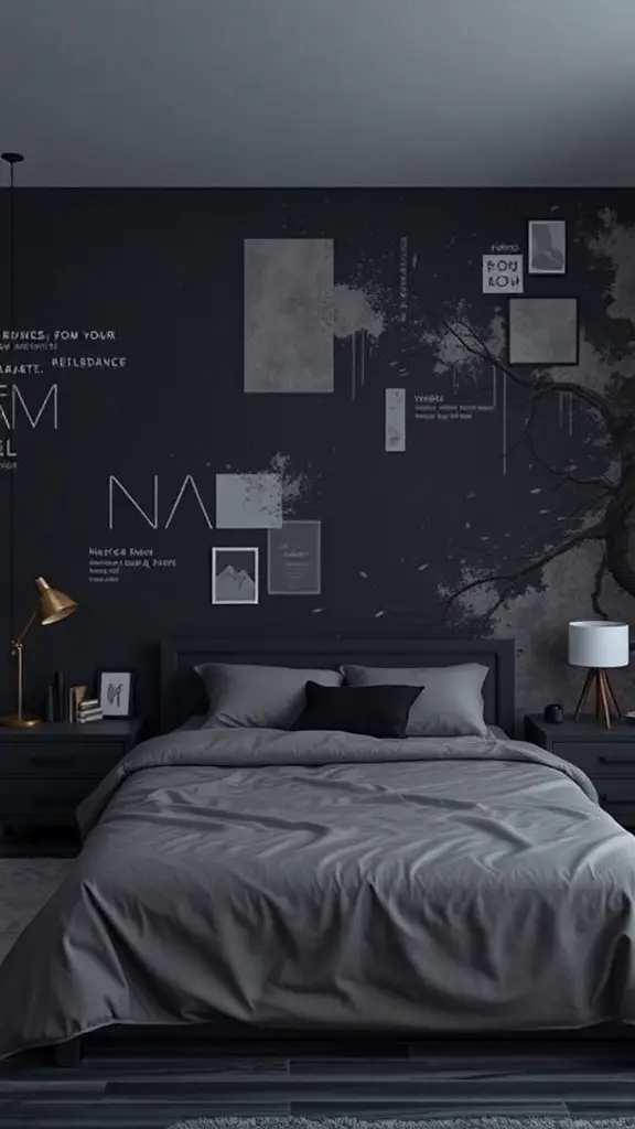 Artistic wall mural in a dark modern bedroom with abstract shapes and textures.