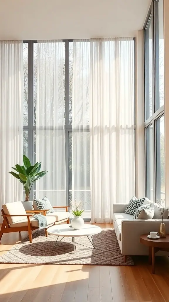 A bright mid-century modern living room with large windows and minimalist window treatments.