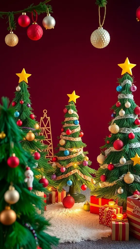 A whimsical Grinch-themed Christmas tree setup with colorful decorations and presents.