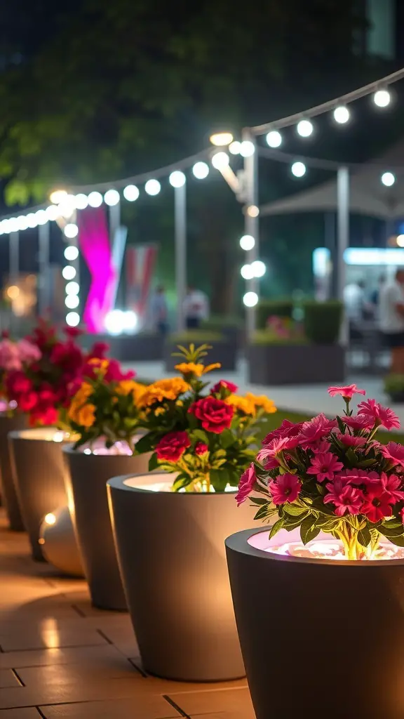 Lighted planters with colorful flowers at night