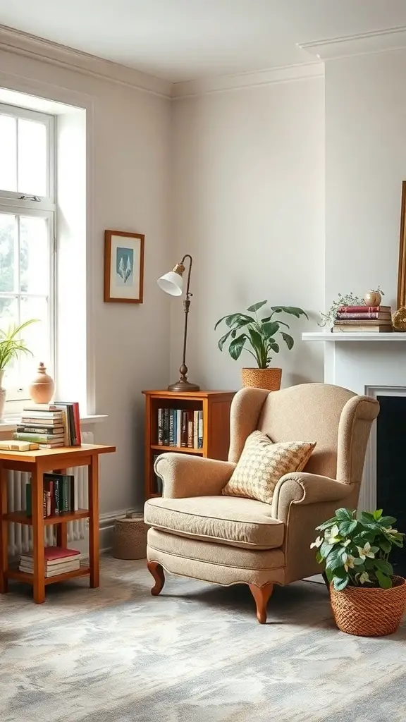 27+ Cozy English Countryside Living Room Ideas to Inspire Your Décor 15 Cozy reading nook in an English countryside living room with a beige armchair, wooden furniture, and plants.