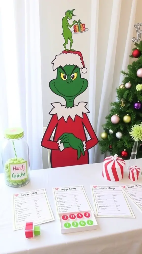 19+ Adorable Grinch Baby Shower Ideas You’ll Love 5 A group of friends enjoying a Grinch-themed baby shower with balloons and festive decorations.