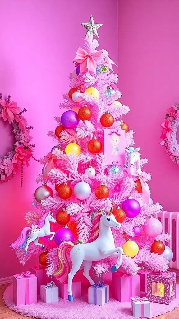 31+ Pink Christmas Tree Ideas to Brighten Your Holiday Décor 16 A pink Christmas tree decorated with colorful ornaments and unicorn figurines, surrounded by pink and purple wrapped gifts.