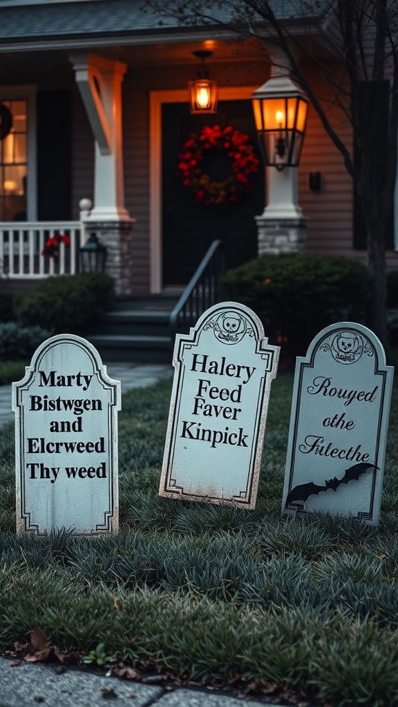 29+ Creative Halloween DIY Decorations to Scare Up Your Home 5 Three DIY tombstone yard signs with humorous names in a yard setting