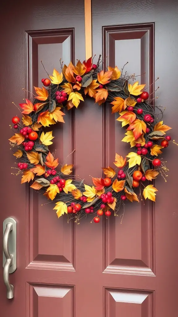 A fall-themed wreath with orange and yellow leaves and red berries hanging on a brown door.