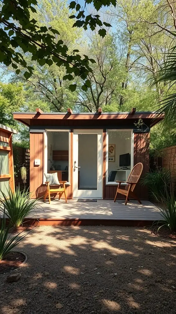 A cozy backyard office made with eco-friendly materials, surrounded by trees and plants.