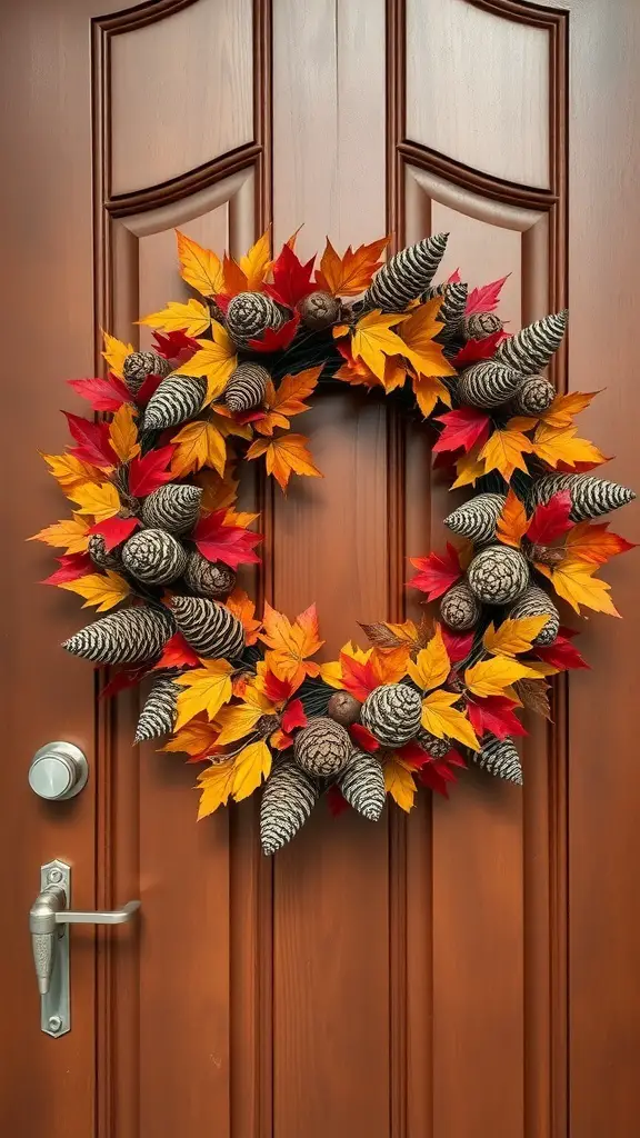 A colorful autumn wreath featuring orange and red leaves with pine cones, hanging on a wooden door.