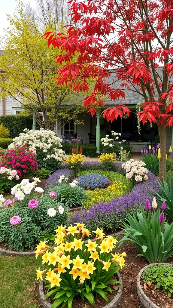 35+ Charming Small English Garden Ideas to Transform Your Outdoor Space 15 A colorful small English garden featuring yellow daffodils, pink peonies, and a red-leaved tree.