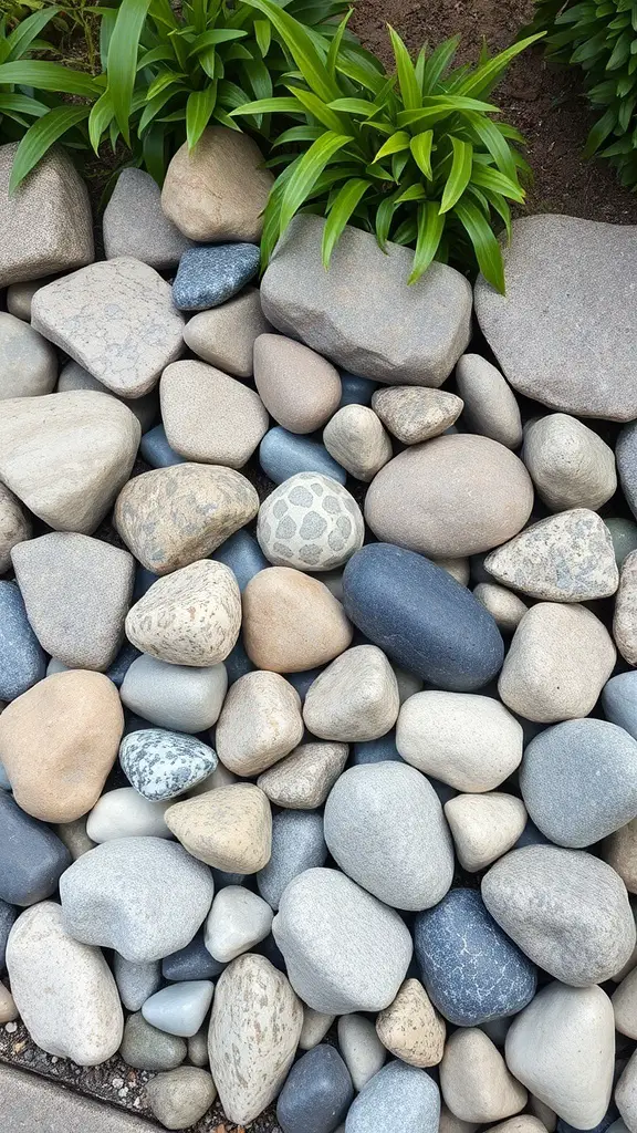 25+ Inspiring Rock Bed Landscaping Ideas for Your Garden 7 A variety of smooth, rounded stones in different shades, surrounded by green plants.