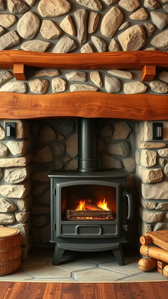 29+ Stunning Wood Stove Fireplace Surround Ideas to Warm Up Your Home 2 Rustic stone fireplace surround with a wood stove and wooden mantel